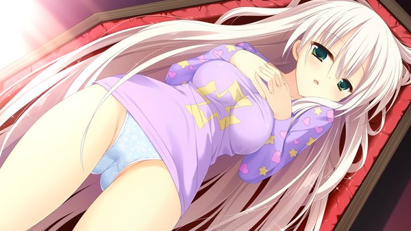 Anime picture 1280x720 with majo koi nikki suou hijiri asakura satsu single long hair looking at viewer blush breasts open mouth light erotic wide image large breasts green eyes game cg grey hair on back embarrassed cameltoe girl underwear