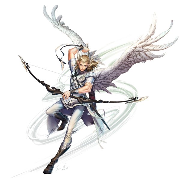 Anime picture 1500x1500 with perfect world sinad aruatjanapat single long hair simple background blonde hair white background pointy ears boy weapon wings pants bow (weapon)