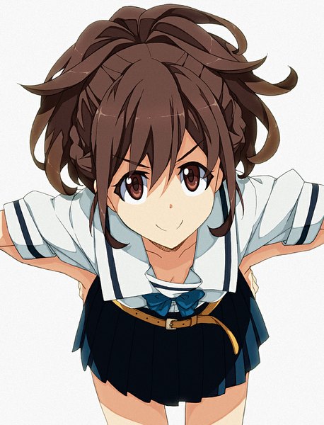 Anime picture 763x1000 with robotics;notes production i.g senomiya akiho saipaco single long hair tall image looking at viewer blush simple background smile brown hair white background brown eyes ponytail from above hands on hips girl uniform serafuku