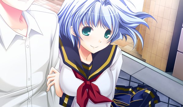 Anime picture 1024x600 with akikaze personal (game) short hair wide image green eyes blue hair game cg girl serafuku
