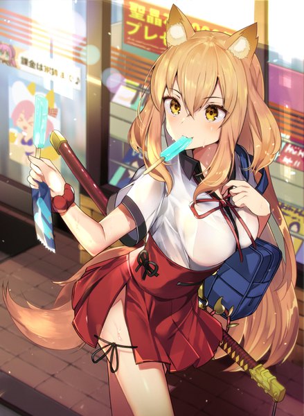 Anime picture 620x847 with fate (series) fate/extra ccc fox tail suzuka gozen (fate) tetsubuta single long hair tall image blush fringe breasts light erotic blonde hair hair between eyes holding animal ears yellow eyes payot looking away tail animal tail