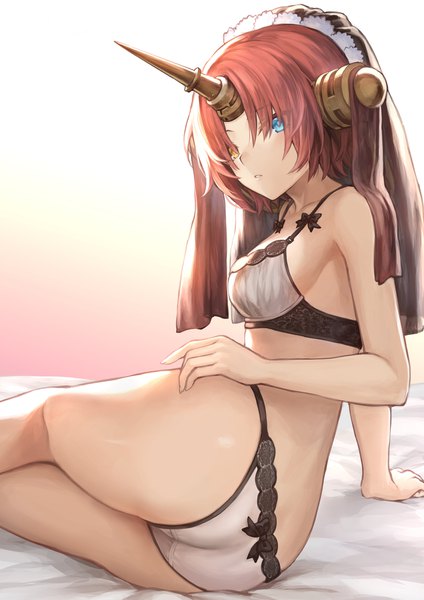 Anime picture 1302x1842 with fate (series) fate/apocrypha frankenstein's monster (fate) mashuu (neko no oyashiro) single tall image looking at viewer fringe short hair breasts blue eyes light erotic simple background sitting yellow eyes pink hair ass parted lips looking back horn (horns)