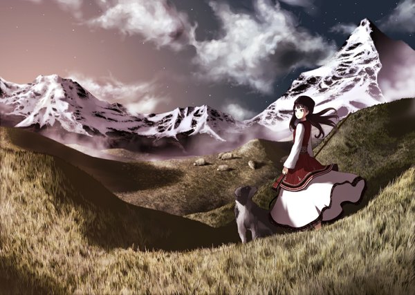 Anime picture 1193x850 with original katase yuu long hair black hair sky cloud (clouds) wind wallpaper mountain girl dress plant (plants) grass cap dog sheep