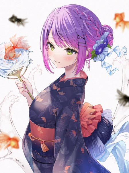 Anime picture 3000x4000 with virtual youtuber hololive tokoyami towa runlan 0329 single tall image blush highres smile white background green eyes looking away purple hair traditional clothes japanese clothes alternate hairstyle animal print hair up fish print girl