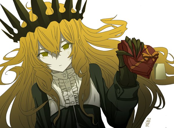 Anime picture 1000x735 with black rock shooter chariot (black rock shooter) alcoholrang single long hair looking at viewer simple background blonde hair white background yellow eyes wavy hair crying girl dress food sweets crown chocolate claws