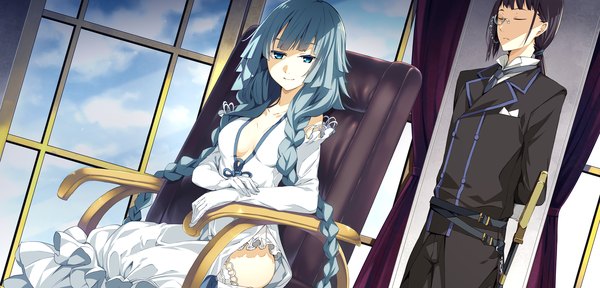 Anime picture 2250x1080 with soushuu senshinkan gakuen hachimyoujin g yuusuke highres blue eyes wide image sitting blue hair game cg braid (braids) girl dress boy gloves elbow gloves monocle