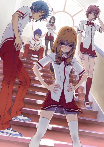 Anime picture 2480x3507 with toradora j.c. staff aisaka taiga kawashima ami kushieda minori takasu ryuuji kitamura yuusaku manbou (manvow) long hair tall image looking at viewer blush highres short hair blue eyes black hair smile red eyes brown hair sitting