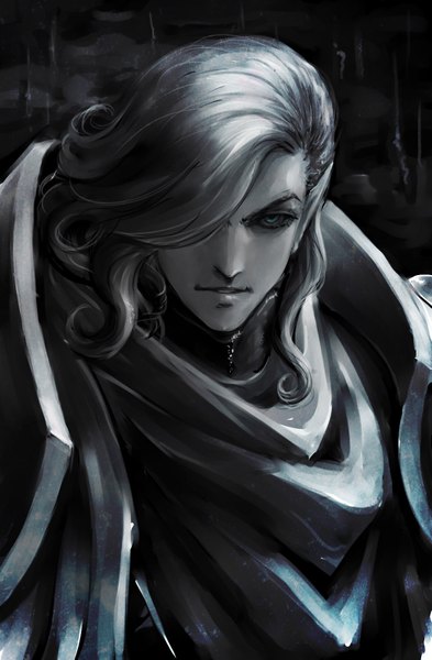 Anime picture 1041x1587 with guyver edward caerleon aiuke (vega) single long hair tall image looking at viewer blue eyes white hair grey background monochrome boy armor