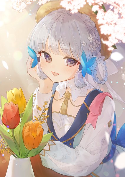 Anime picture 2894x4093 with genshin impact kamisato ayaka kamisato ayaka (springbloom missive) rubianeko single tall image looking at viewer highres short hair open mouth sitting silver hair upper body :d grey eyes official alternate costume head rest girl hair ornament flower (flowers)