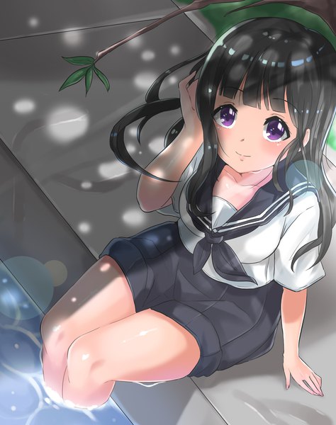 Anime picture 1754x2217 with original dkflkkldf single long hair tall image looking at viewer fringe highres black hair purple eyes outdoors blunt bangs from above light smile sunlight arm support short sleeves shiny skin lens flare adjusting hair
