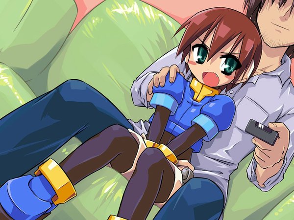 Anime picture 1024x768 with rockman rockman zx aile (rockman) redrantem blush short hair brown hair green eyes teeth fang (fangs) covering remote control