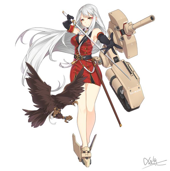 Anime picture 3480x3507 with panzer waltz alecto mk iv (panzer waltz) kyouki no kimi single tall image looking at viewer fringe highres simple background white background signed yellow eyes absurdres silver hair full body very long hair legs sideboob outstretched arm girl