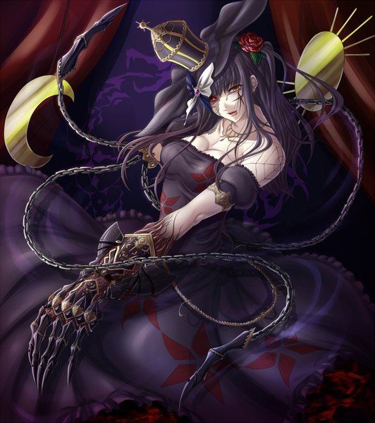 Anime picture 1330x1500 with original uro (uroboros) single long hair tall image looking at viewer black hair hair flower heterochromia scar monster girl girl dress hair ornament flower (flowers) weapon hat chain