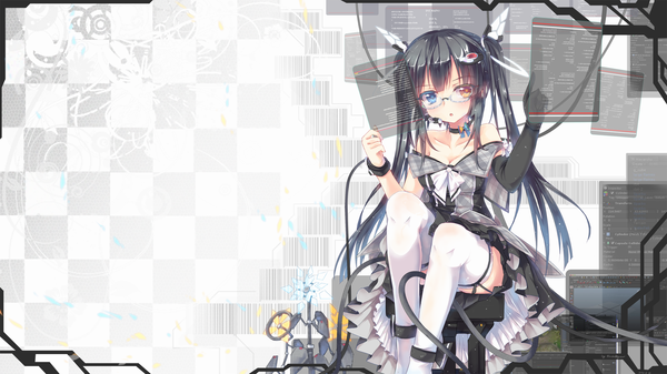 Anime picture 2048x1152 with original north abyssor single long hair highres black hair wide image sitting twintails heterochromia girl thighhighs dress gloves hair ornament white thighhighs glasses elbow gloves