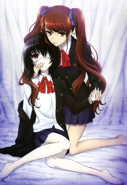 Anime picture 4089x5937 with another p.a. works nyantype misaki mei akazawa izumi long hair tall image highres short hair black hair red eyes brown hair sitting twintails multiple girls holding absurdres barefoot official art holding hands
