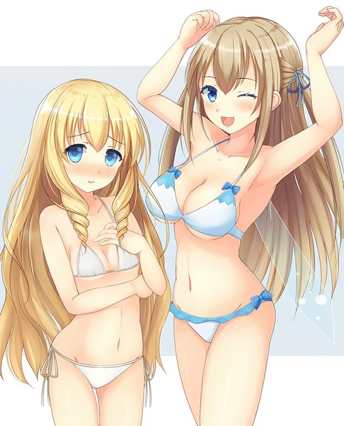 Anime picture 807x1000 with amagi brilliant park kyoto animation latifa fleuranza sylphy (amaburi) kirimoti34 long hair tall image looking at viewer blush breasts open mouth light erotic blonde hair brown hair large breasts bare shoulders multiple girls one eye closed wink bare belly