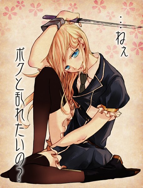 Anime picture 676x888 with touken ranbu nitroplus midare toushirou yu-ta single long hair tall image blush fringe blue eyes blonde hair sitting holding looking away head tilt lips short sleeves mouth hold hand on head thighhighs