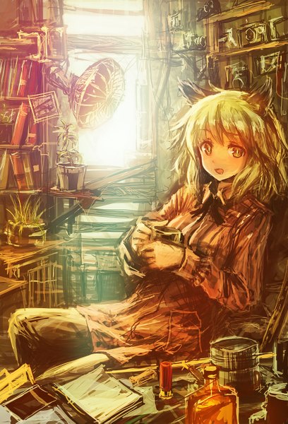 Anime picture 1000x1469 with original lm7 (op-center) single tall image short hair open mouth brown eyes animal ears green hair girl plant (plants) shirt window book (books) fan camera