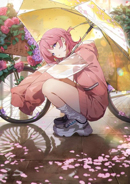 Anime picture 2894x4093 with original slyvia single tall image looking at viewer highres short hair purple eyes pink hair full body outdoors head tilt shadow squat girl flower (flowers) petals shoes umbrella ground vehicle