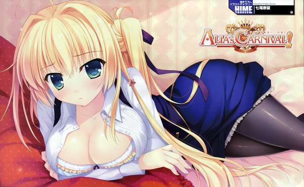 Anime picture 4898x3019 with alia's carnival! dengeki hime sakurakouji tsukuyomi nanao naru long hair looking at viewer blush highres breasts blue eyes light erotic blonde hair wide image absurdres scan open clothes official art open shirt one side up girl