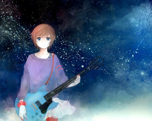 Anime picture 1000x800 with original fly (marguerite) single looking at viewer short hair blue eyes brown hair standing sky cloud (clouds) nail polish night sky striped space girl skirt pantyhose bracelet star (stars) sweater