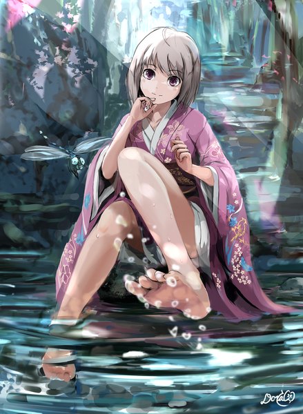 Anime picture 1997x2732 with original doraragi single tall image highres short hair purple eyes signed traditional clothes japanese clothes barefoot grey hair girl water kimono insect