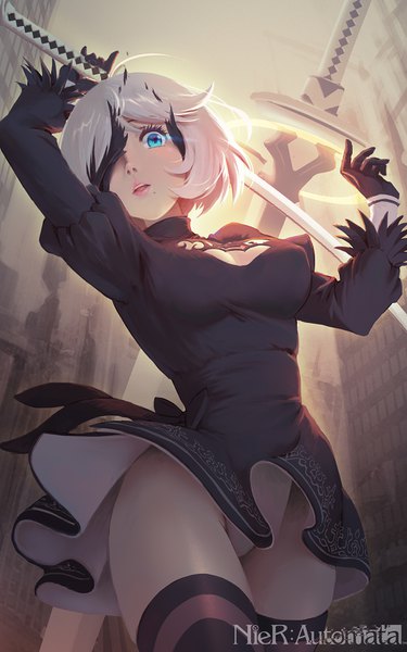 Anime picture 1000x1600 with nier nier:automata yorha no. 2 type b tienao single tall image looking at viewer blush fringe short hair breasts open mouth blue eyes light erotic standing holding outdoors white hair mole arms up