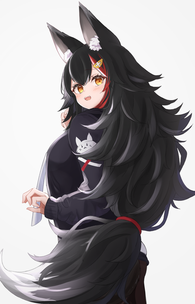 Anime-Bild 1270x1980 mit virtual youtuber hololive ookami mio higashigure single tall image looking at viewer blush fringe breasts open mouth black hair simple background smile hair between eyes large breasts standing animal ears yellow eyes tail