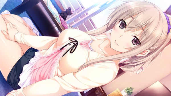 Anime picture 1280x720 with niizuma lovely x cation naruse nono iizuki tasuku single long hair looking at viewer blush fringe blonde hair smile wide image purple eyes payot game cg ponytail girl