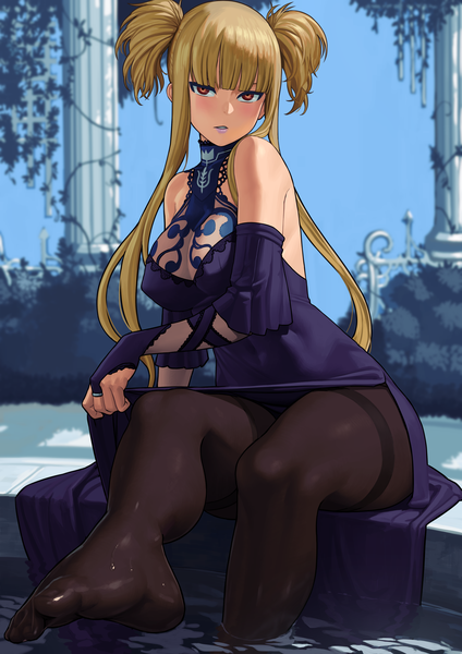 Anime-Bild 3035x4299 mit aoki hagane no arpeggio kongou (aoki hagane no arpeggio) lasterk single long hair tall image looking at viewer blush fringe highres breasts light erotic blonde hair large breasts sitting twintails bare shoulders brown eyes absurdres sky