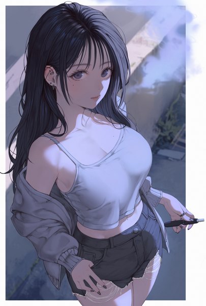 Anime picture 2812x4169 with original raeun 46 single long hair tall image looking at viewer fringe highres breasts black hair standing cleavage blunt bangs long sleeves nail polish profile fingernails off shoulder mole open jacket