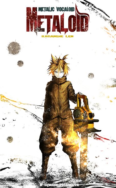 Anime picture 620x1000 with vocaloid meltdown (vocaloid) kagamine len kei-suwabe single tall image looking at viewer fringe smile standing holding ponytail aqua eyes inscription alternate costume glow boy boots chainsaw