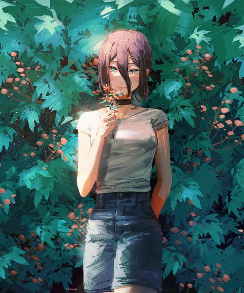 Anime picture 1705x2048 with chainsaw man mappa reze (chainsaw man) champi single tall image looking at viewer fringe highres short hair smile hair between eyes holding purple hair outdoors aqua eyes arm behind back girl flower (flowers) choker
