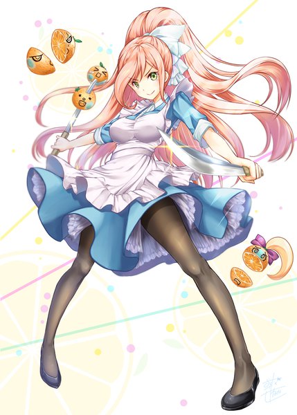Anime picture 715x1000 with dangan ronpa danganronpa 3 yukizome chisa alto seneka single long hair tall image looking at viewer breasts smile standing holding green eyes full body ponytail head tilt orange hair shadow spread legs spread arms
