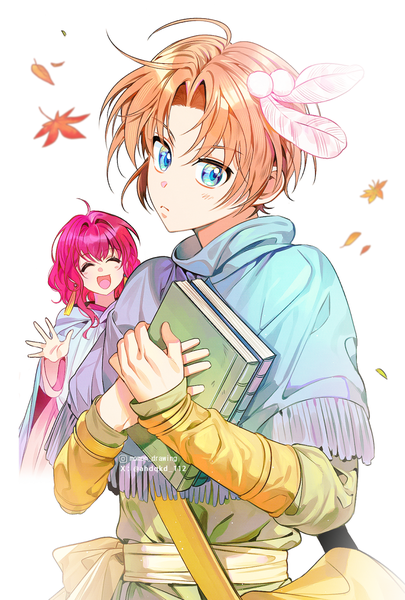 Anime picture 900x1332 with akatsuki no yona studio pierrot yona (akatsuki no yona) yoon (akatsuki no yona) ahdqkd 112 long hair tall image short hair open mouth blue eyes simple background white background pink hair eyes closed orange hair ^ ^ ^o^ girl boy book (books)