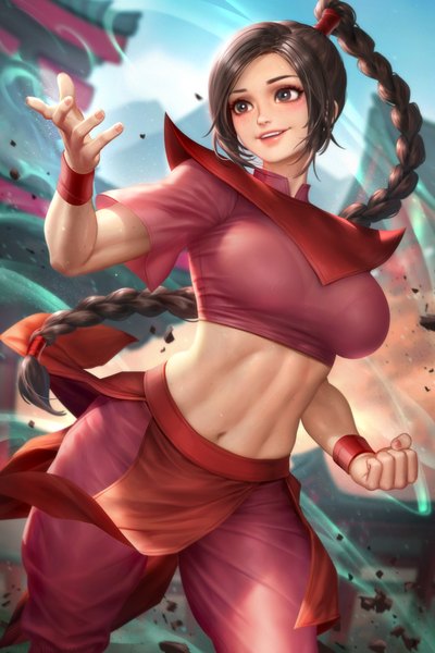 Anime picture 2400x3597 with avatar: the last airbender nickelodeon ty lee nudtawut thongmai single long hair tall image fringe highres breasts light erotic smile brown hair large breasts standing brown eyes payot outdoors braid (braids) arm up