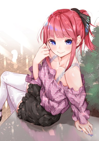 Anime picture 1200x1709 with go-toubun no hanayome nakano nino sahara386 single tall image looking at viewer blush fringe short hair breasts blue eyes smile sitting bare shoulders payot ponytail red hair blunt bangs nail polish arm support