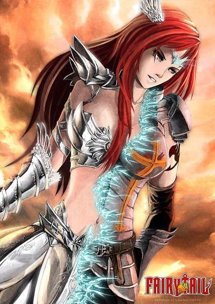 Anime picture 848x1200 with fairy tail erza scarlet single long hair tall image looking away sky red hair orange eyes tattoo copyright name head wings red sky 2010 transformation alternate form girl gloves wings elbow gloves