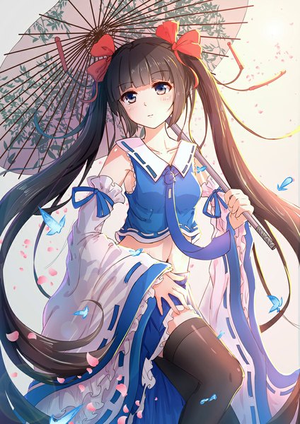 Anime picture 707x1000 with original pixiv fantasia pixiv fantasia t byakuya reki single tall image looking at viewer blush fringe black hair standing twintails brown eyes bent knee (knees) very long hair traditional clothes japanese clothes pleated skirt aqua eyes wind