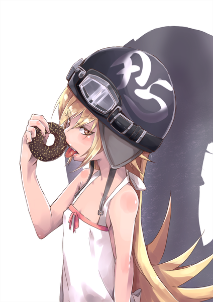 Anime picture 1240x1754 with bakemonogatari shaft (studio) monogatari (series) oshino shinobu fu-ta single long hair tall image blush fringe breasts white background holding brown eyes looking away fingernails flat chest animal eyes girl food