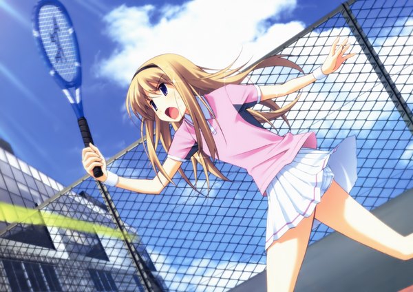 Anime picture 1980x1400 with chaos;head nishijou nanami long hair highres open mouth blue eyes blonde hair cloud (clouds) tennis girl skirt uniform miniskirt hairband gym uniform tennis uniform tennis racket