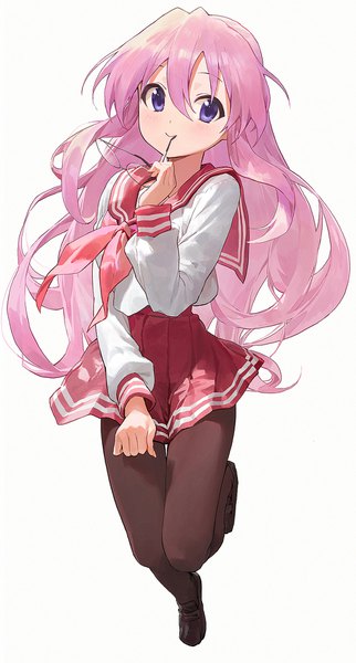 Anime picture 1000x1859 with lucky star kyoto animation takara miyuki modare single long hair tall image blush fringe simple background hair between eyes white background purple eyes holding payot pink hair full body bent knee (knees) pleated skirt light smile