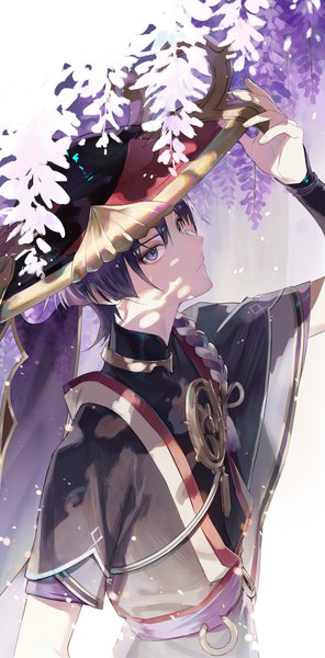 Anime picture 1800x3650 with genshin impact scaramouche (genshin impact) masa ashe single tall image highres short hair purple eyes purple hair upper body adjusting hat boy flower (flowers) hat wisteria