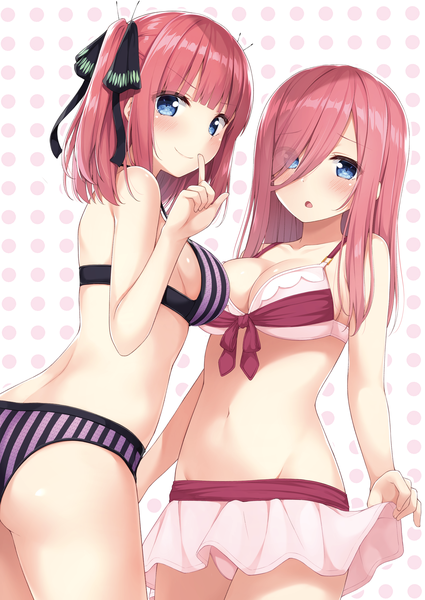 Anime picture 2508x3541 with go-toubun no hanayome nakano miku nakano nino karutamo long hair tall image looking at viewer blush fringe highres short hair breasts open mouth blue eyes light erotic simple background smile large breasts standing bare shoulders