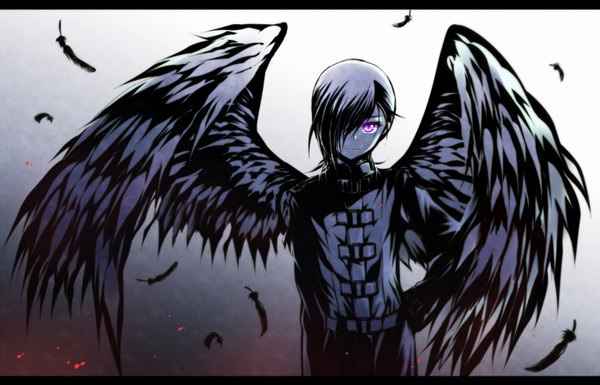 Anime picture 1680x1080 with hataraku maou-sama! white fox urushihara hanzou winglayer single looking at viewer fringe short hair purple eyes hair over one eye boy wings blood feather (feathers)