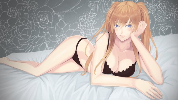 Anime picture 1600x900 with border break (game) damegane single long hair looking at viewer breasts blue eyes light erotic blonde hair wide image twintails cleavage underwear only girl underwear panties lingerie bra