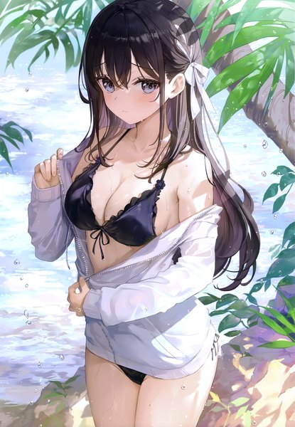 Anime picture 2405x3475 with original fuumi (radial engine) single long hair tall image looking at viewer blush fringe highres breasts blue eyes light erotic black hair hair between eyes large breasts cleavage outdoors long sleeves scan off shoulder