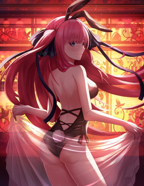 Anime picture 689x888 with go-toubun no hanayome nakano nino necoring862 single long hair tall image looking at viewer blush fringe breasts blue eyes light erotic smile standing bare shoulders animal ears pink hair ass indoors tail