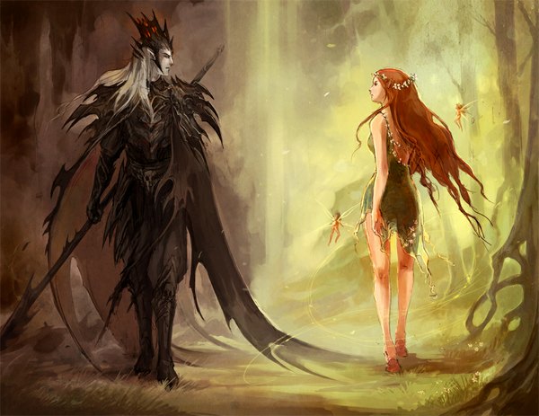Anime picture 1024x791 with original sandara long hair bare shoulders white hair red hair barefoot pointy ears legs fairy girl dress boy plant (plants) wings tree (trees) armor cloak spear