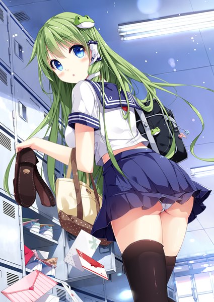 Anime picture 627x886 with touhou kochiya sanae miyase mahiro single long hair tall image blush fringe breasts blue eyes light erotic hair between eyes large breasts standing holding ass indoors parted lips pleated skirt looking back